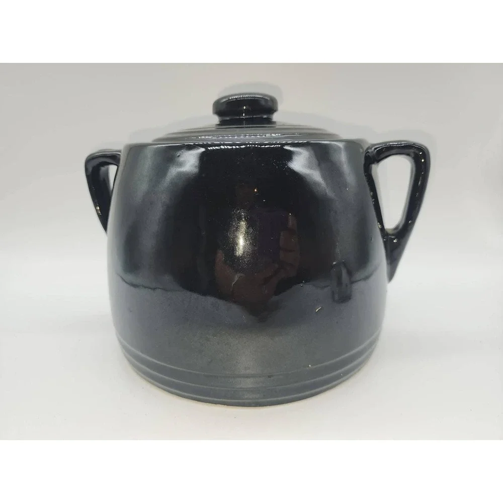 Vintage Black Ceramic Hand Painted Grape Bean Pot Cookie Jar with Lid 2 Handle
